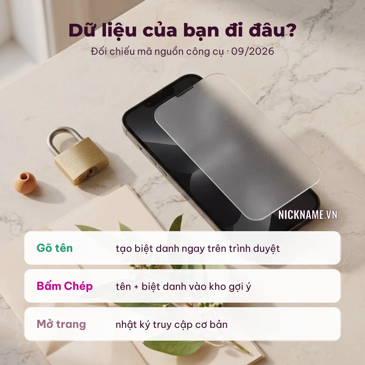Chính sách bảo mật Nickname.vn: gõ tên, bấm chép, mở trang thì dữ liệu đi đâu