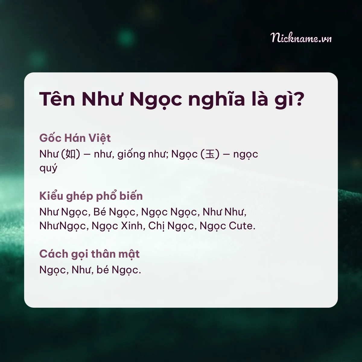 Ý nghĩa tên Như Ngọc và cách gọi thân mật
